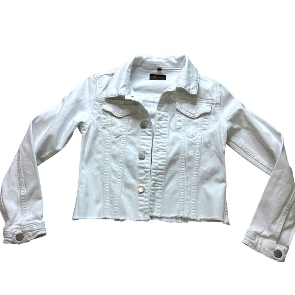 DL1961 White Denim Jacket Girls Tween Medium Raw Hem Stretch Trucker Jacket